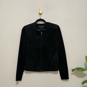 Bernardo Black Leather Patchwork Wool Blend Knit Zip-Up Jacket